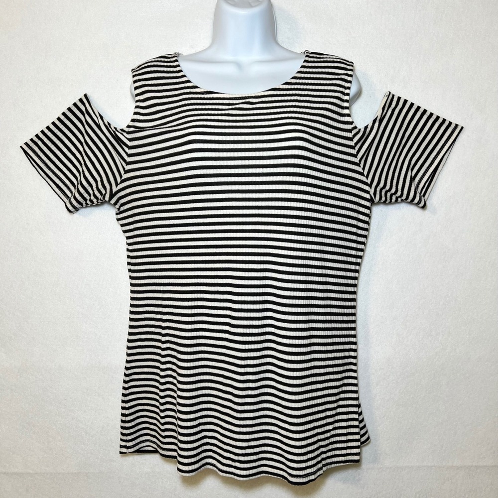 Bobeau Cold Shoulder Flirty French Girl Coastal Black White Striped Top Women XL